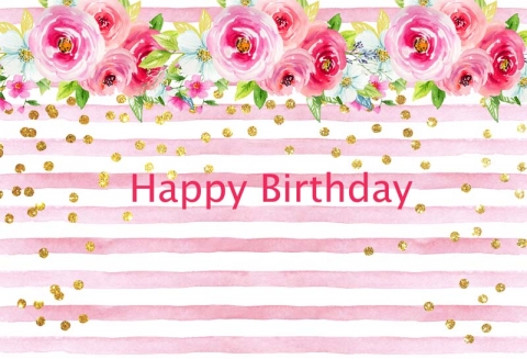 Birthday Pink Flower Stripes Backdrop with Gold Dots Children Birthday Party Background for Photo Studio