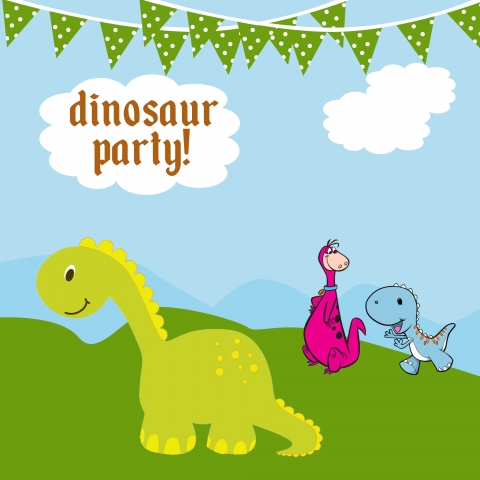 Cartoon Dinosaur Party Photography Backdrop Blue Sky Clouds Green Polka Dots Bunting Children Birthday Party Backgrounds Vinyl