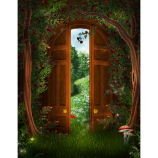 Fairy Tale Forest Photography Backdrops with Wood Door Green Grass Photo Studio Props Tairy Tale Theme Party Photo Background for Art Photo Studio