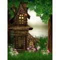 Fairy Tale Grass House Photography Backdrops with Wood Door Green Grass Photo Studio Props Tairy Tale Theme Party Photo Background for Art Photo Studio