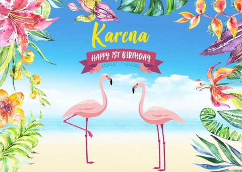 Flowers Flamingo Tropical Rainforest Photography Backdrop Sky Blue Sea Beach Happy Birthday Party Backgrounds 7x5FT