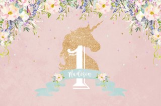 Gold Unicorn Photography Backdrop with Flowers Custom Birthday Photo Background for Children Birthday Party Decoration