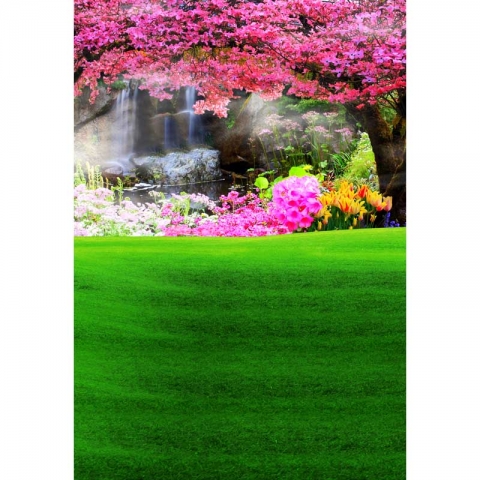 Green Grass Pink Tree Photography Backdrop for Art Studio Nature Theme Vinyl Photo Booth Background for Birthday Wedding Wall Paper Curtain Backdrop