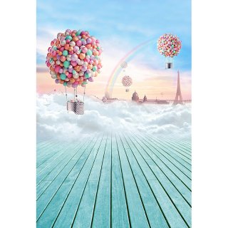 Photography Backdrop with Balloons Rainbow Blue Sky Wood Floor Background for Newborn Birthday Party Children Backdrop for Photo Studio