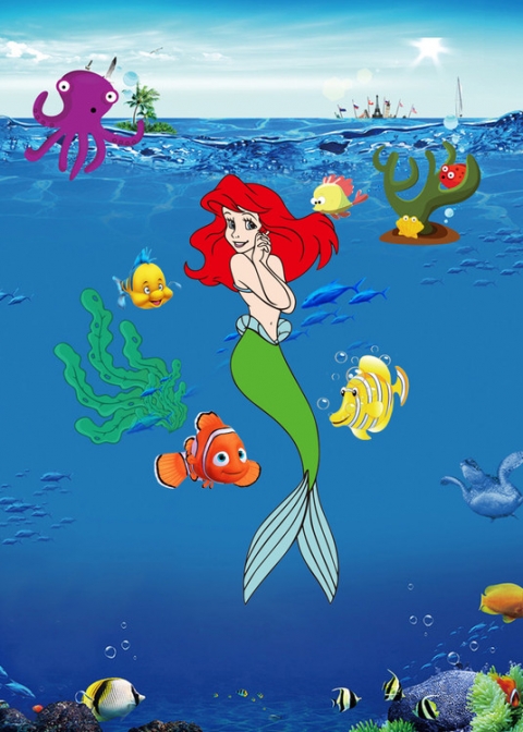 Little Mermaid Ariel Princess Under Sea Fish Bubbles Custom Backdrops Children Backgrounds For Photo Studio Vinyl 5x7FT