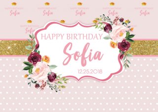 Pink Flower Photography Backdrop Custom Gold Glitter Polka Dots Girls Happy Birthday Backgrounds For Photo Studio