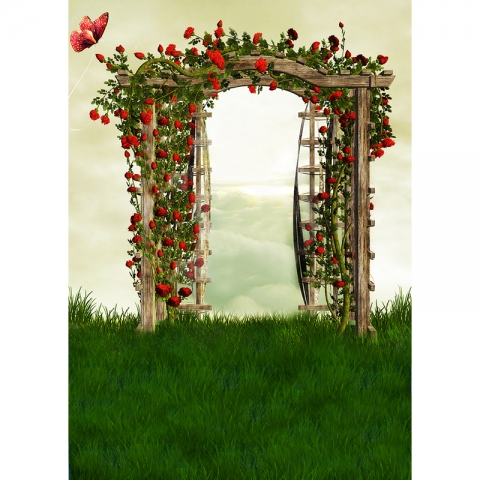 Wedding Photography Backdrop with Wood Door Green Grass Professional Photo Background for Photo Booth Art Studio 7x5FT Vinyl Cloth